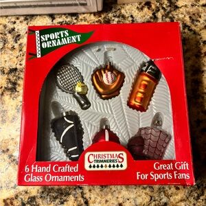 Vintage Christmas Trimmeries Set of 6 Hand Crafted Glass Ornaments Sports Fans